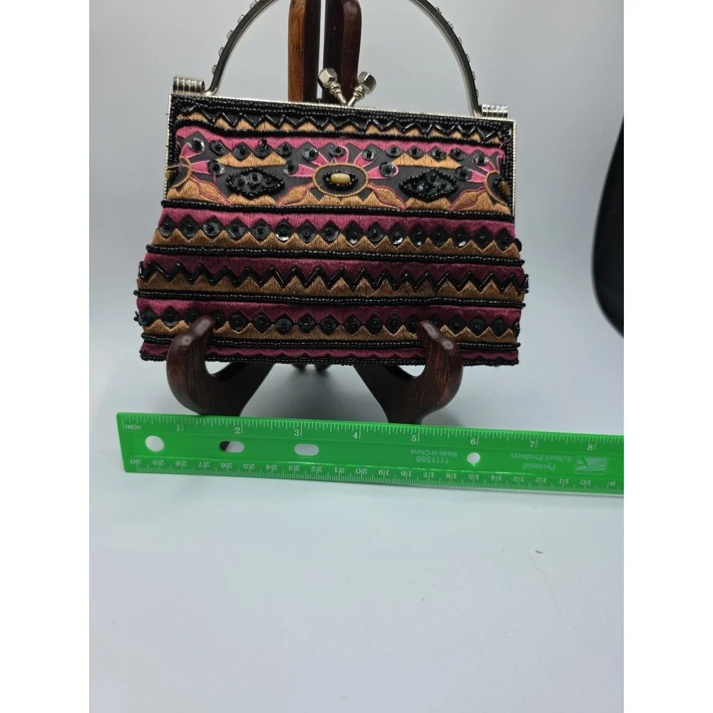 Beaded Evening Bag Silver Handle Clutch Purse Vintage Style Crossbody Strap 7